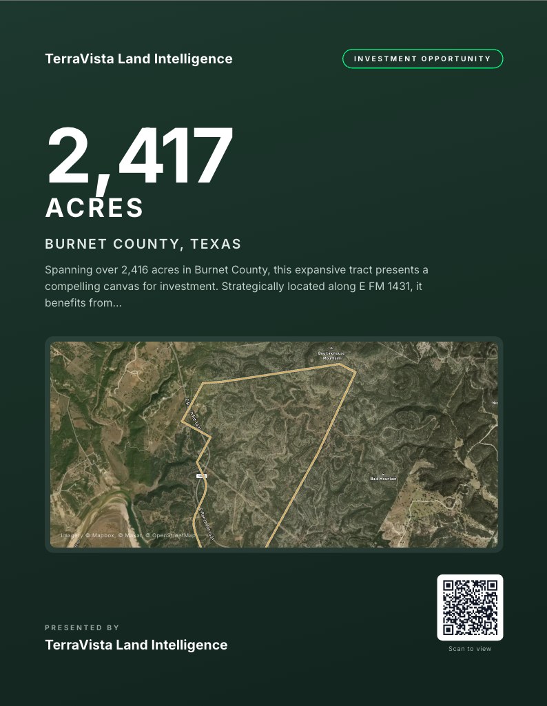 TerraVista print-ready brochure cover — 2,417-acre Burnet County tract with satellite parcel map