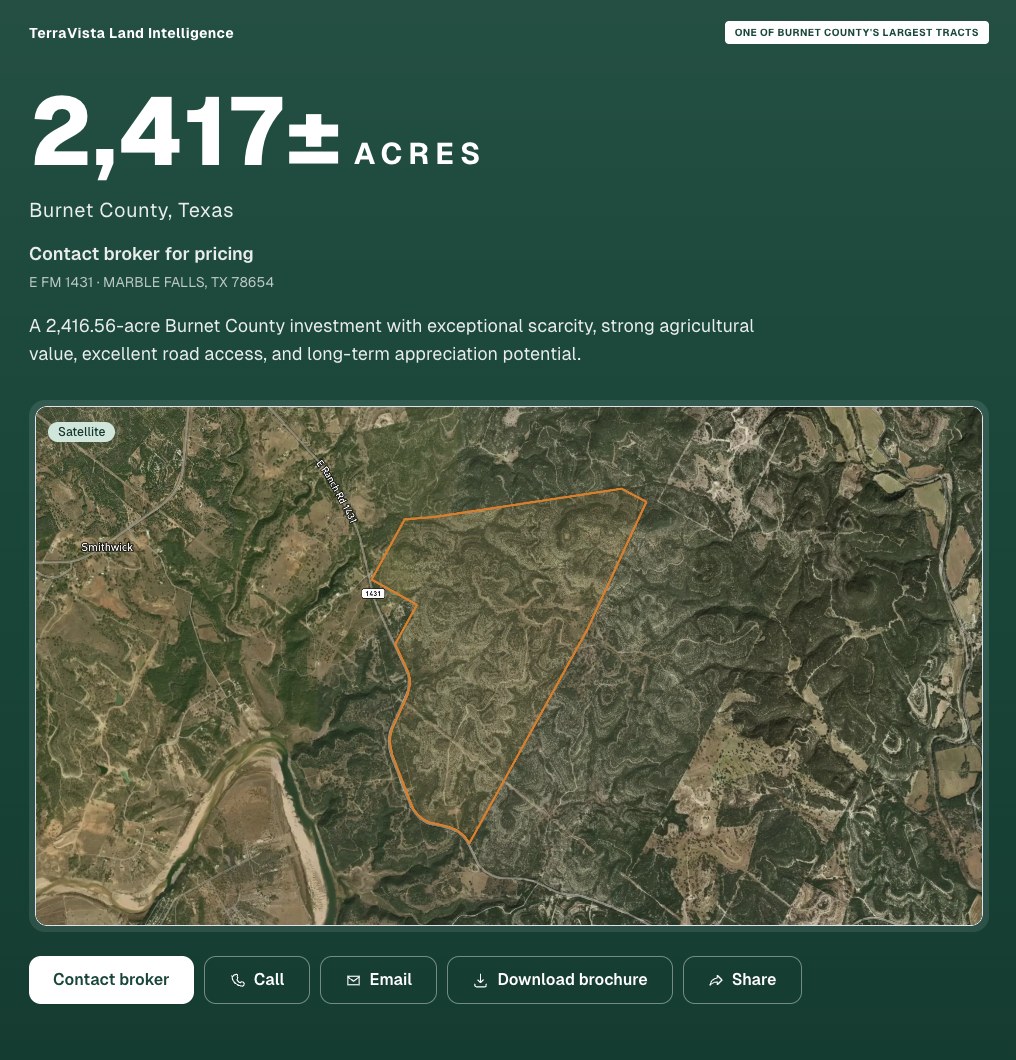 TerraVista public buyer page — satellite parcel map, acreage, location and market context for a Burnet County tract